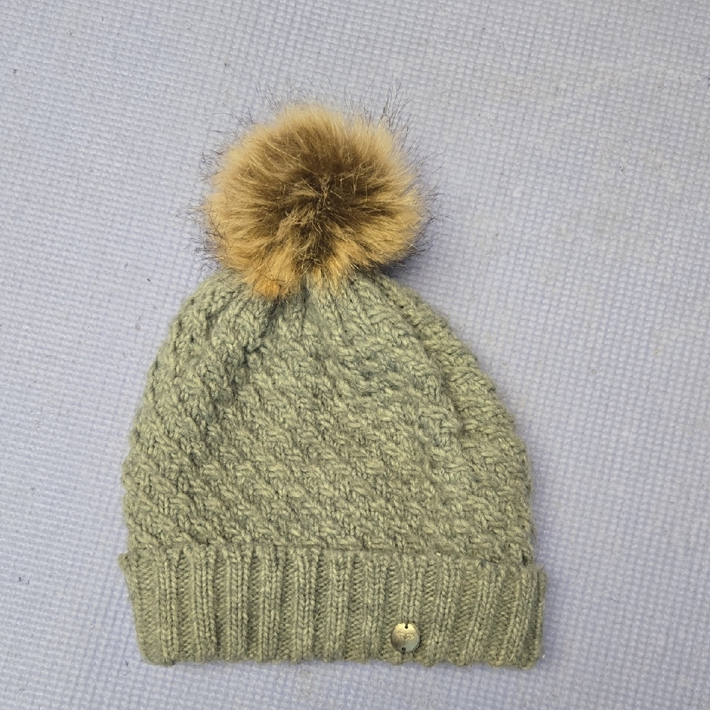 Roxy Green Knit Beanie with Brown Pom